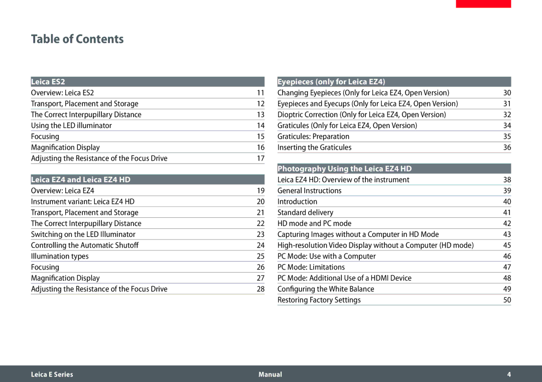 Leica EZ4 HD manual Table of Contents 