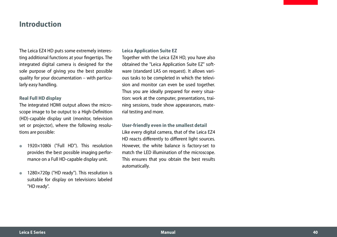 Leica EZ4 HD manual Introduction, Real Full HD display, Leica Application Suite EZ 
