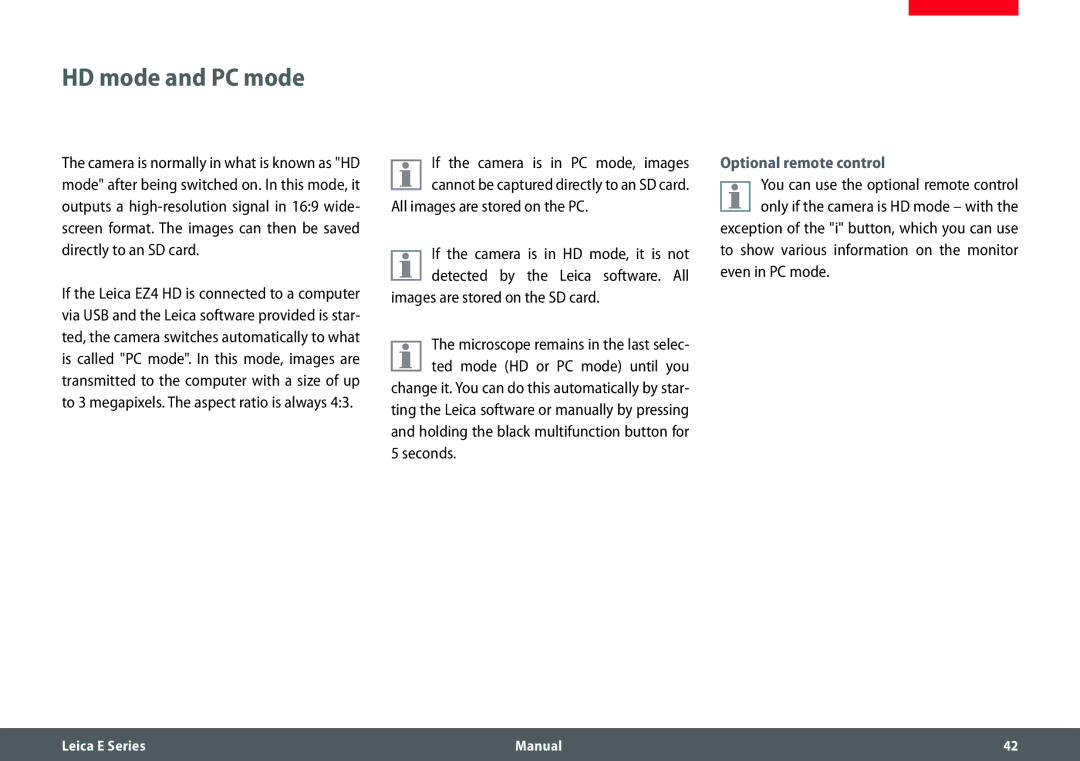 Leica EZ4 HD manual HD mode and PC mode, Optional remote control 