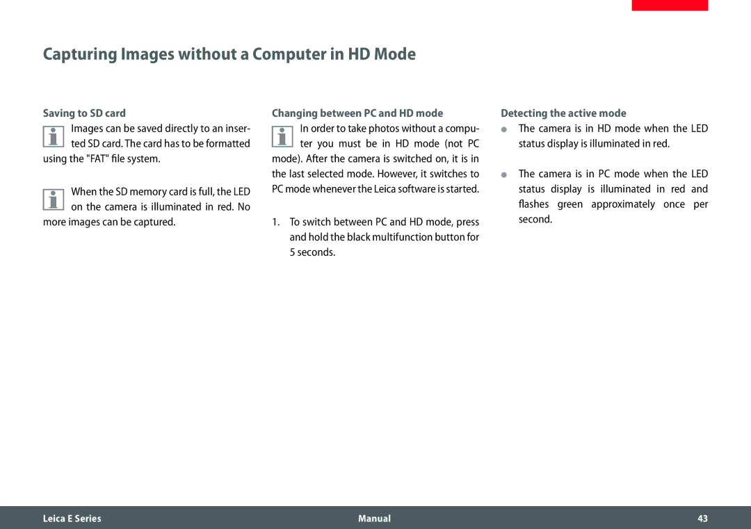 Leica EZ4 HD manual Capturing Images without a Computer in HD Mode, Saving to SD card, Changing between PC and HD mode 