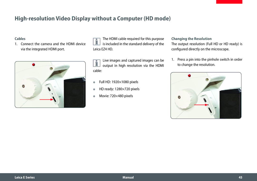 Leica EZ4 HD manual High-resolution Video Display without a Computer HD mode, Cables, Changing the Resolution 