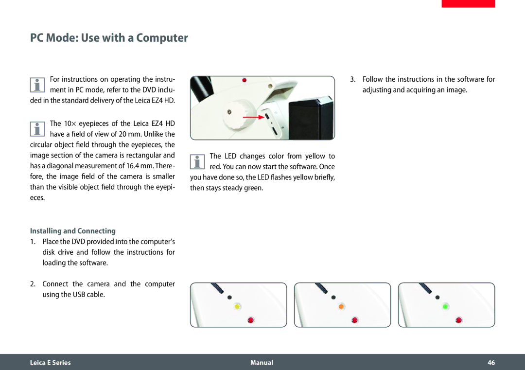 Leica EZ4 HD manual PC Mode Use with a Computer, Eces, Installing and Connecting, Then stays steady green 