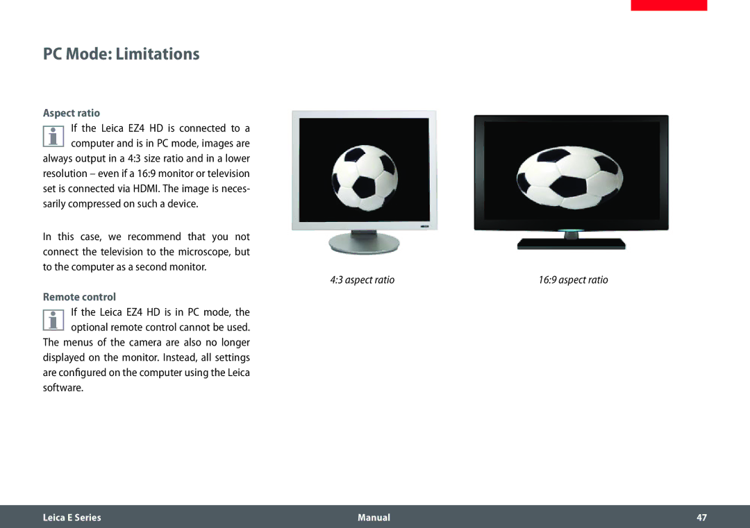 Leica EZ4 HD manual PC Mode Limitations, Aspect ratio, Remote control 