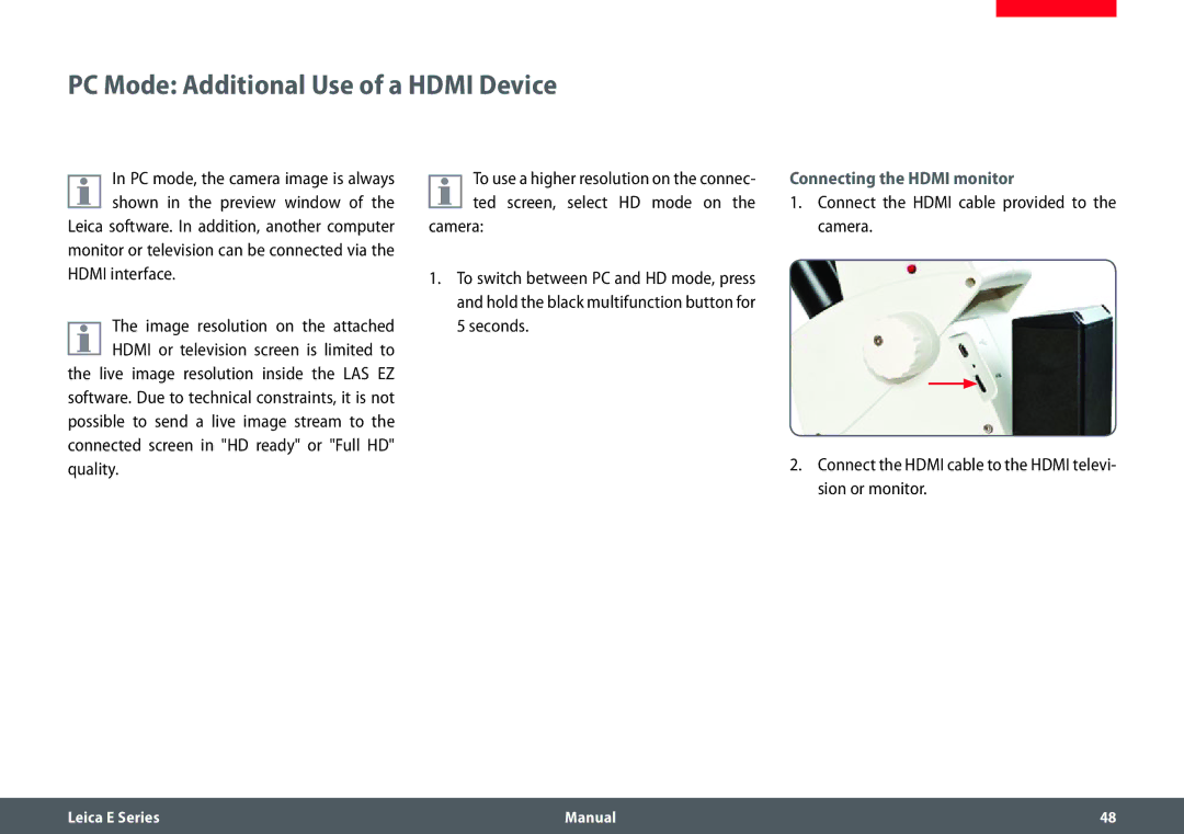 Leica EZ4 HD manual PC Mode Additional Use of a Hdmi Device, Connecting the Hdmi monitor 