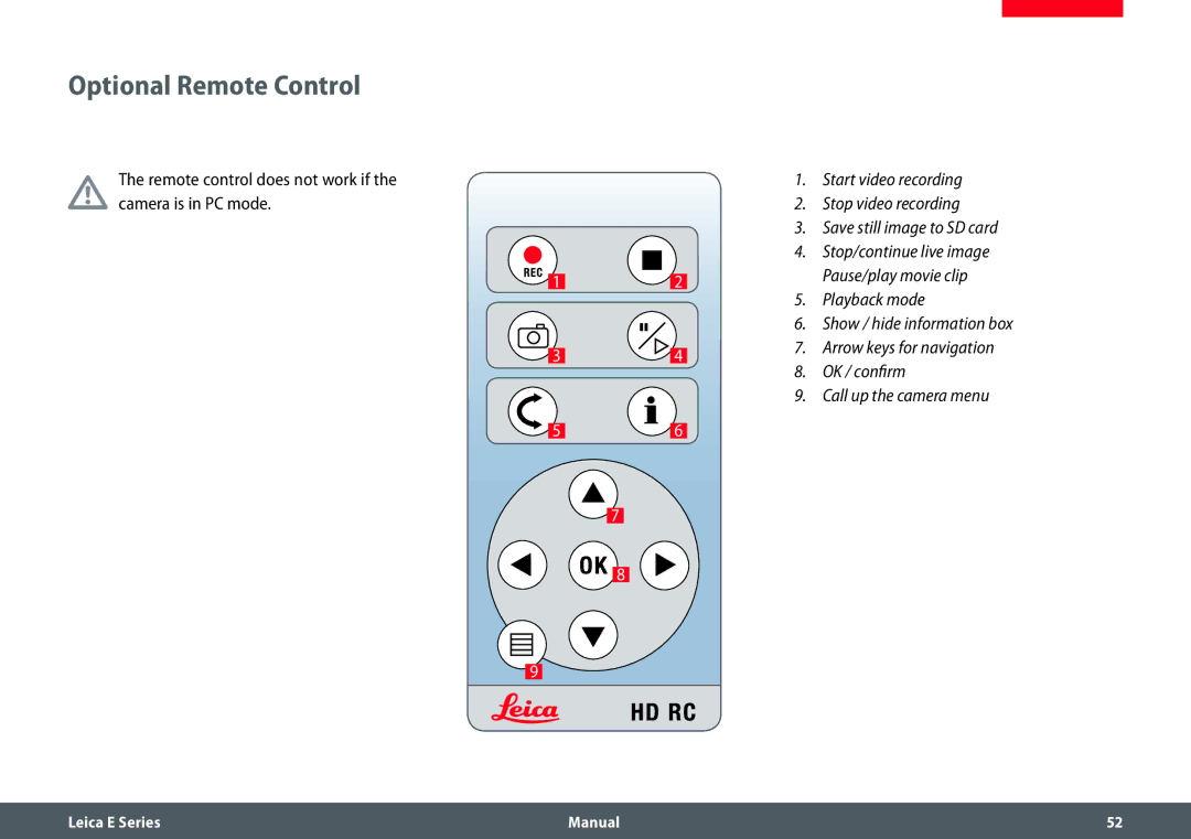 Leica EZ4 HD manual Optional Remote Control, Remote control does not work if the camera is in PC mode 