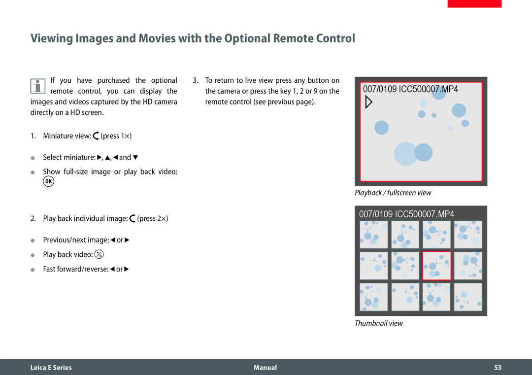 Leica EZ4 HD manual Viewing Images and Movies with the Optional Remote Control 