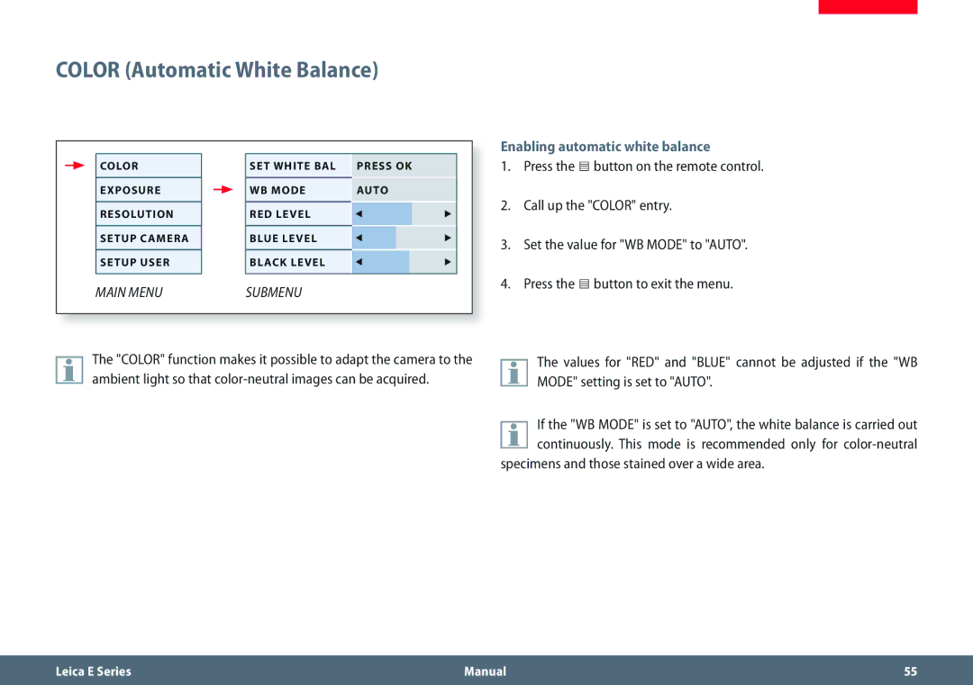 Leica EZ4 Color Automatic White Balance, Enabling automatic white balance, Specimens and those stained over a wide area 