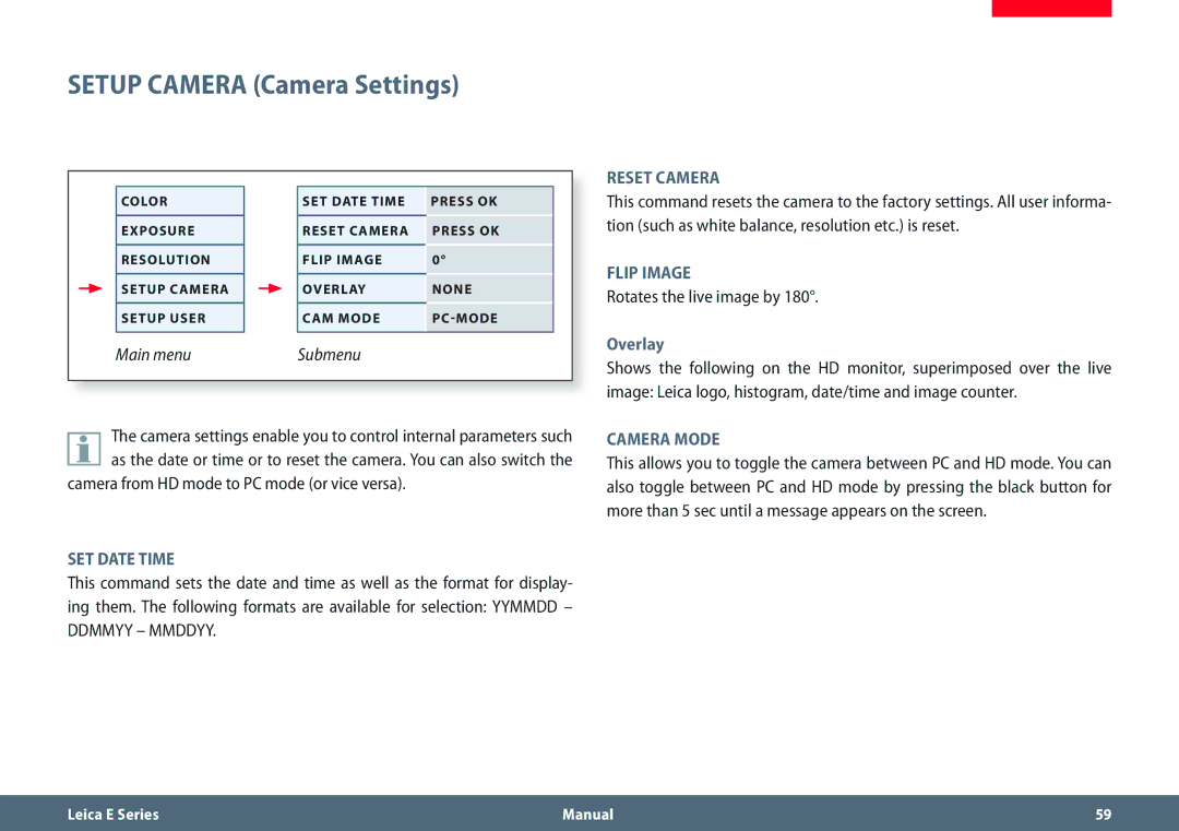 Leica EZ4 Setup Camera Camera Settings, Rotates the live image by, Overlay, Camera from HD mode to PC mode or vice versa 