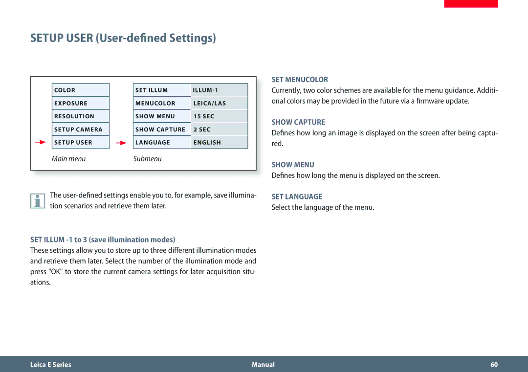 Leica EZ4 HD Setup User User-defined Settings, SET Illum -1 to 3 save illumination modes, Select the language of the menu 