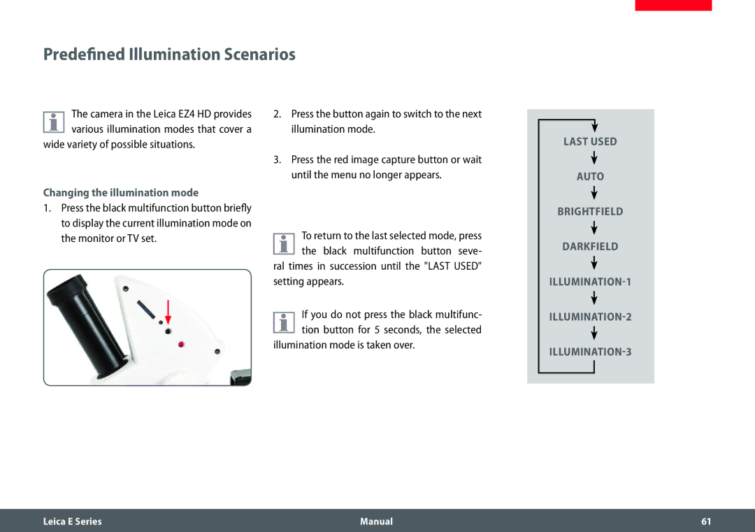 Leica EZ4 HD Predefined Illumination Scenarios, Wide variety of possible situations, Changing the illumination mode 