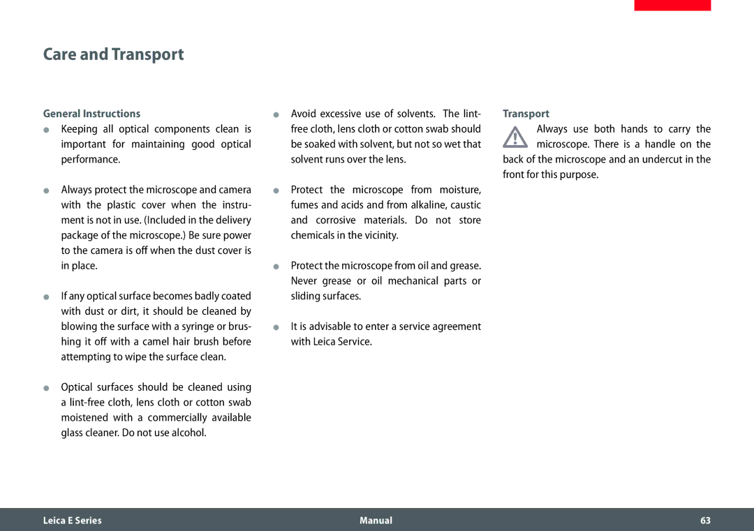 Leica EZ4 HD manual Care and Transport 