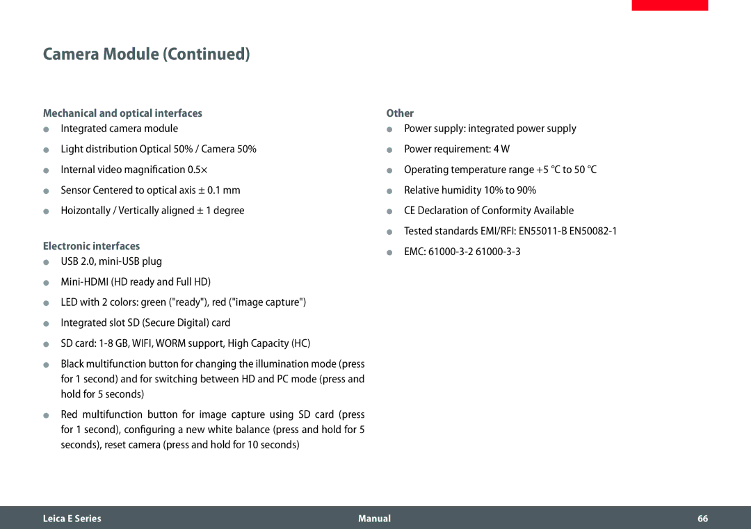 Leica EZ4 HD Mechanical and optical interfaces Other, Electronic interfaces, EMC 61000-3-2, ϘϘ USB 2.0, mini-USB plug 