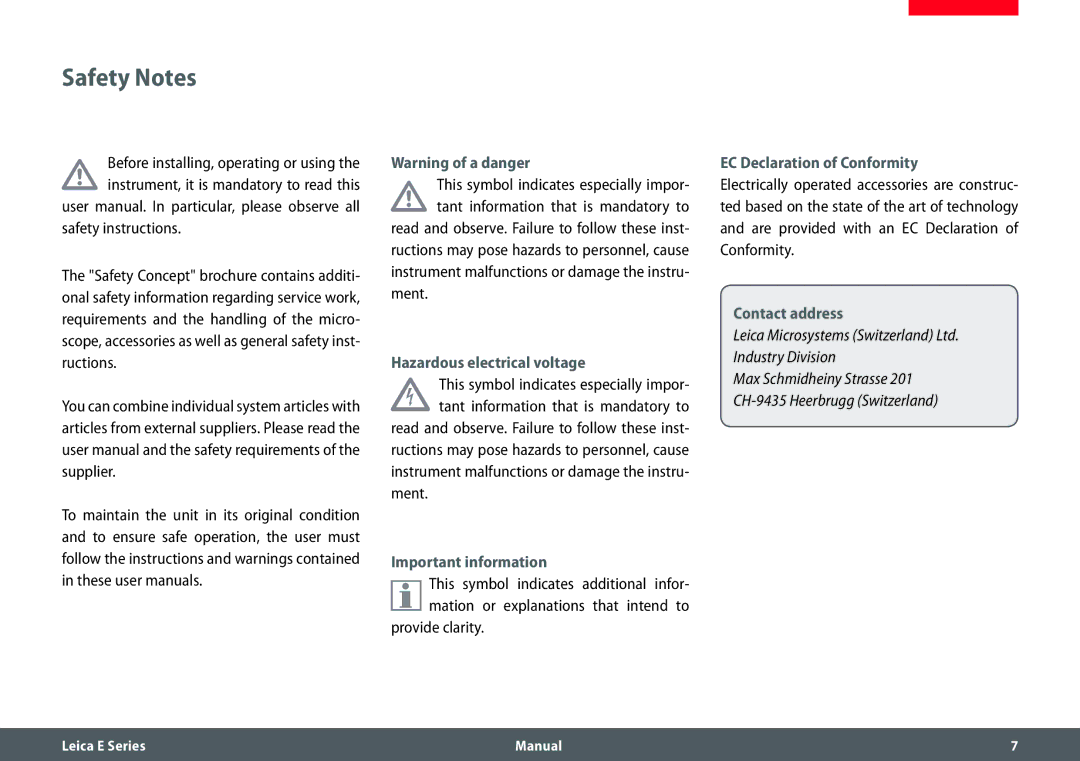 Leica EZ4 Safety Notes, Hazardous electrical voltage, Important information, EC Declaration of Conformity, Contact address 