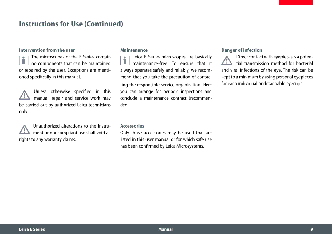 Leica EZ4 HD manual Intervention from the user, Maintenance, Accessories 