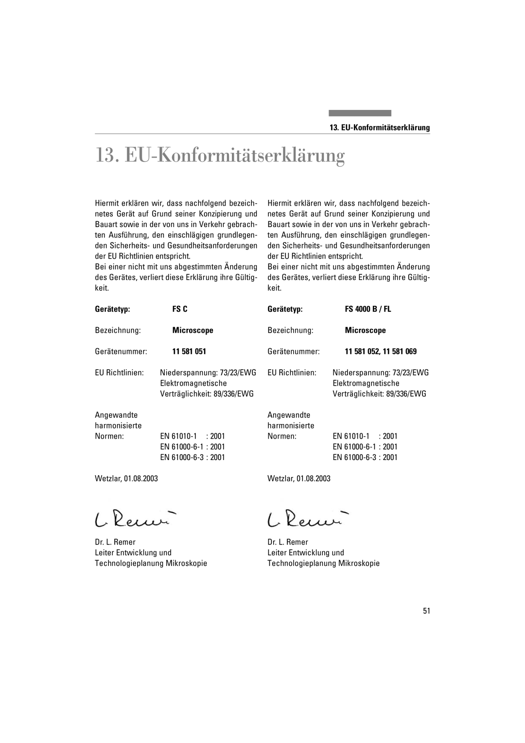 Leica FSC manuel dutilisation EU-Konformitätserklärung, Gerätetyp FS 4000 B / FL, Microscope 