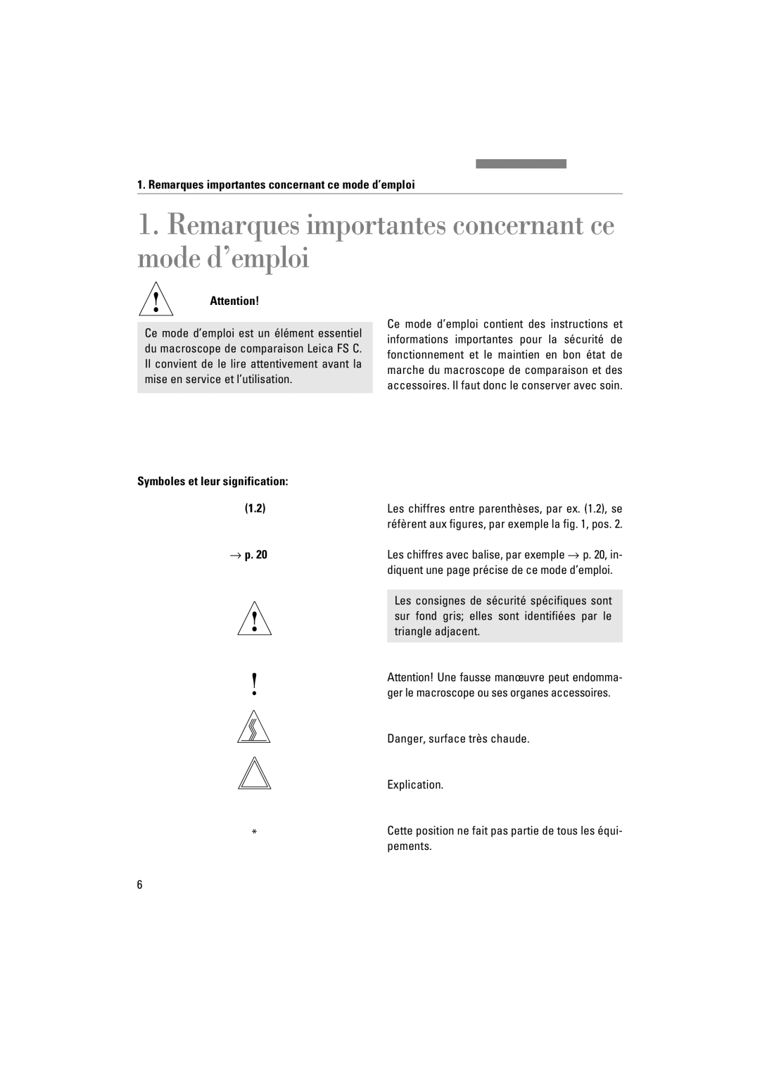 Leica FSC manuel dutilisation Remarques importantes concernant ce mode d’emploi, Symboles et leur signification → p 