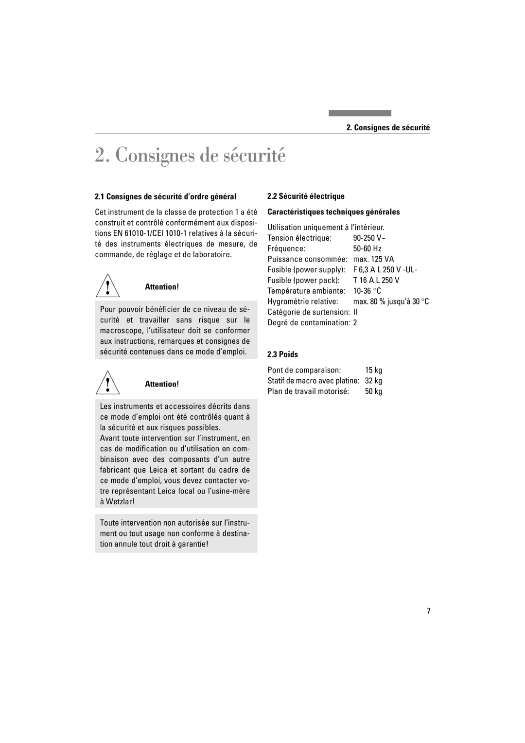 Leica FSC manuel dutilisation Consignes de sécurité, Poids 