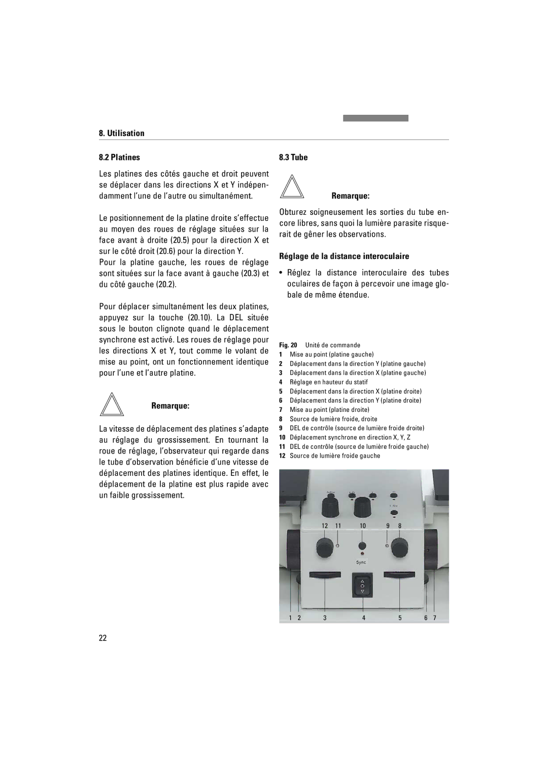 Leica FSC manuel dutilisation Utilisation Platines, Tube Remarque, Réglage de la distance interoculaire 