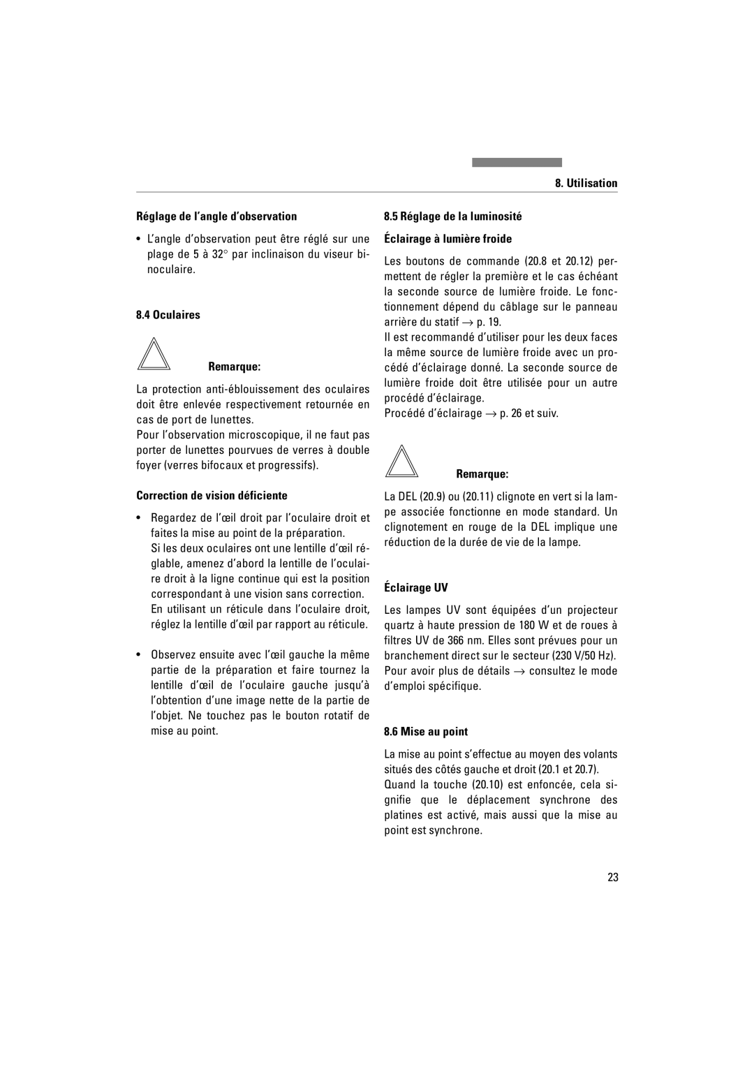 Leica FSC Utilisation Réglage de l’angle d’observation, Noculaire, Oculaires Remarque, Correction de vision déficiente 