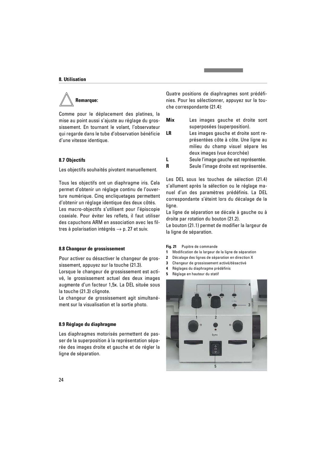 Leica FSC manuel dutilisation Changeur de grossissement, Réglage du diaphragme 