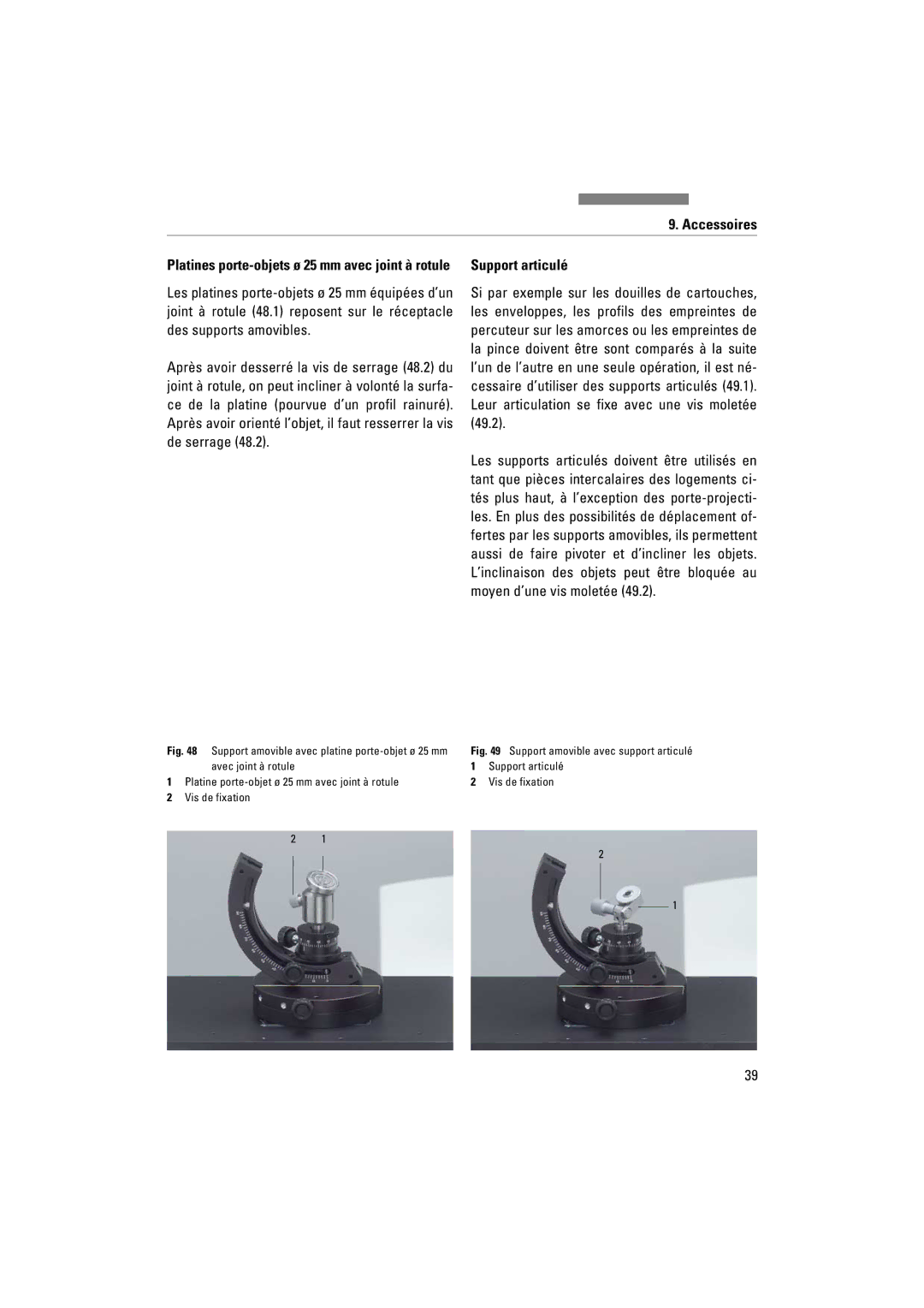 Leica FSC manuel dutilisation Support articulé, Support amovible avec platine porte-objet ø 25 mm 