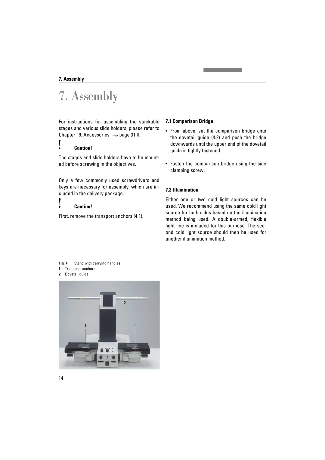 Leica FSC manuel dutilisation Assembly, First, remove the transport anchors, Comparison Bridge, Illumination 