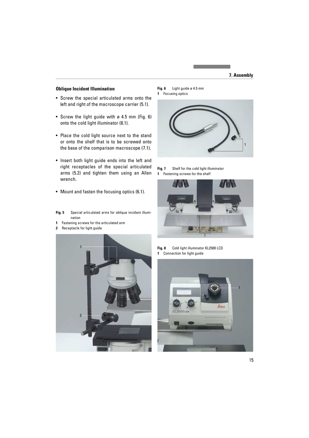 Leica FSC manuel dutilisation Assembly Oblique Incident Illumination, Light guide ø 4.5 mm Focusing optics 