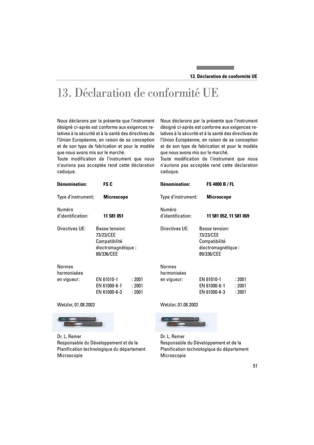 Leica FSC manuel dutilisation 13. Déclaration de conformité UE, Dénomination, Numéro ’identification, Directives UE 