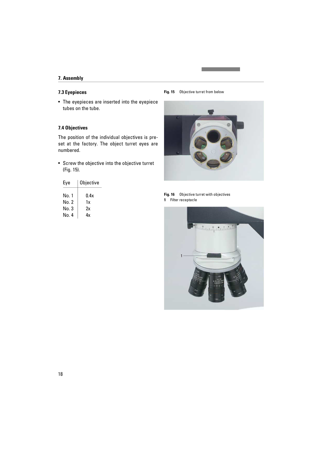 Leica FSC manuel dutilisation Assembly Eyepieces, Eyepieces are inserted into the eyepiece tubes on the tube, Objectives 