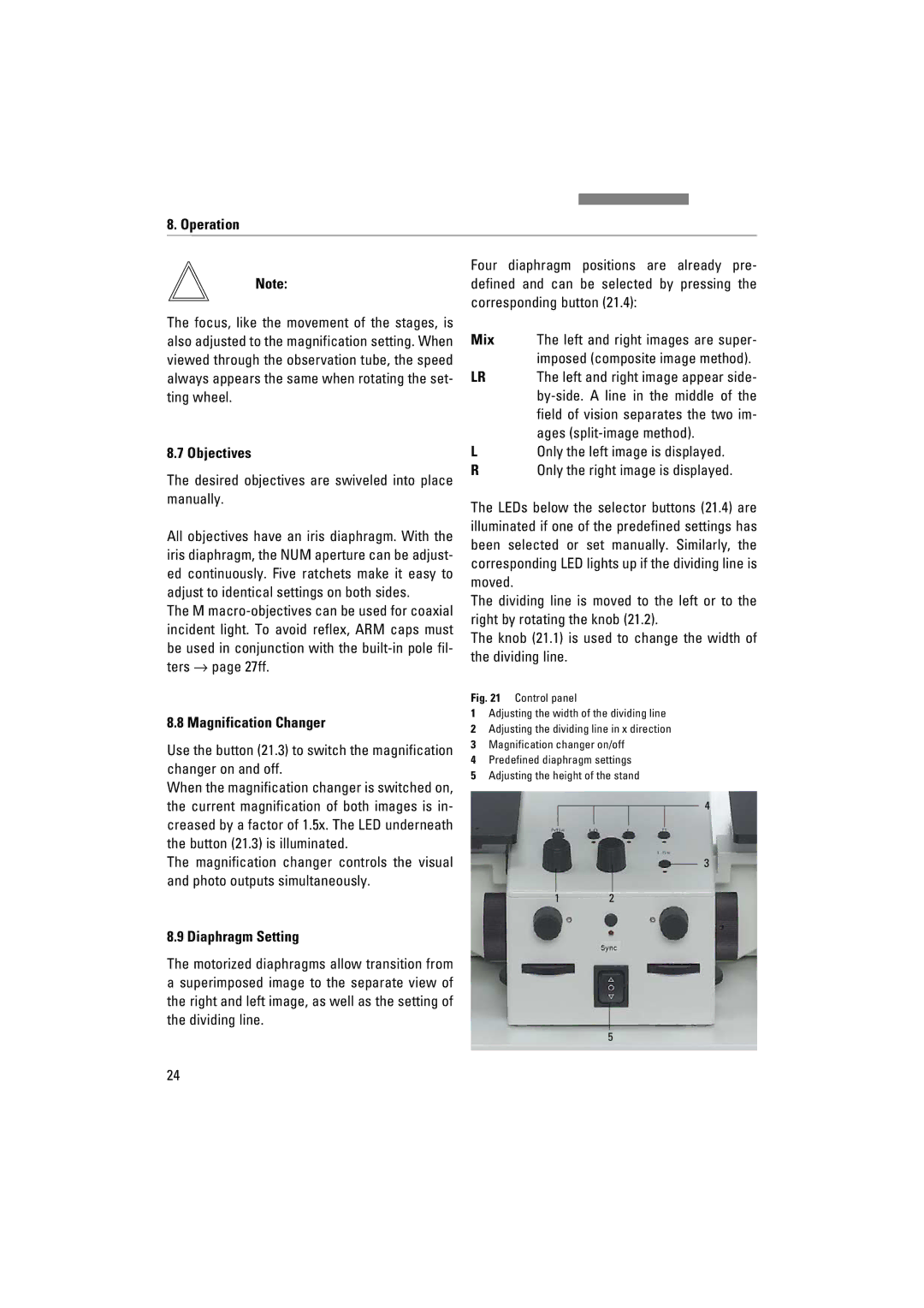 Leica FSC Four diaphragm positions are already pre, Desired objectives are swiveled into place manually, Diaphragm Setting 