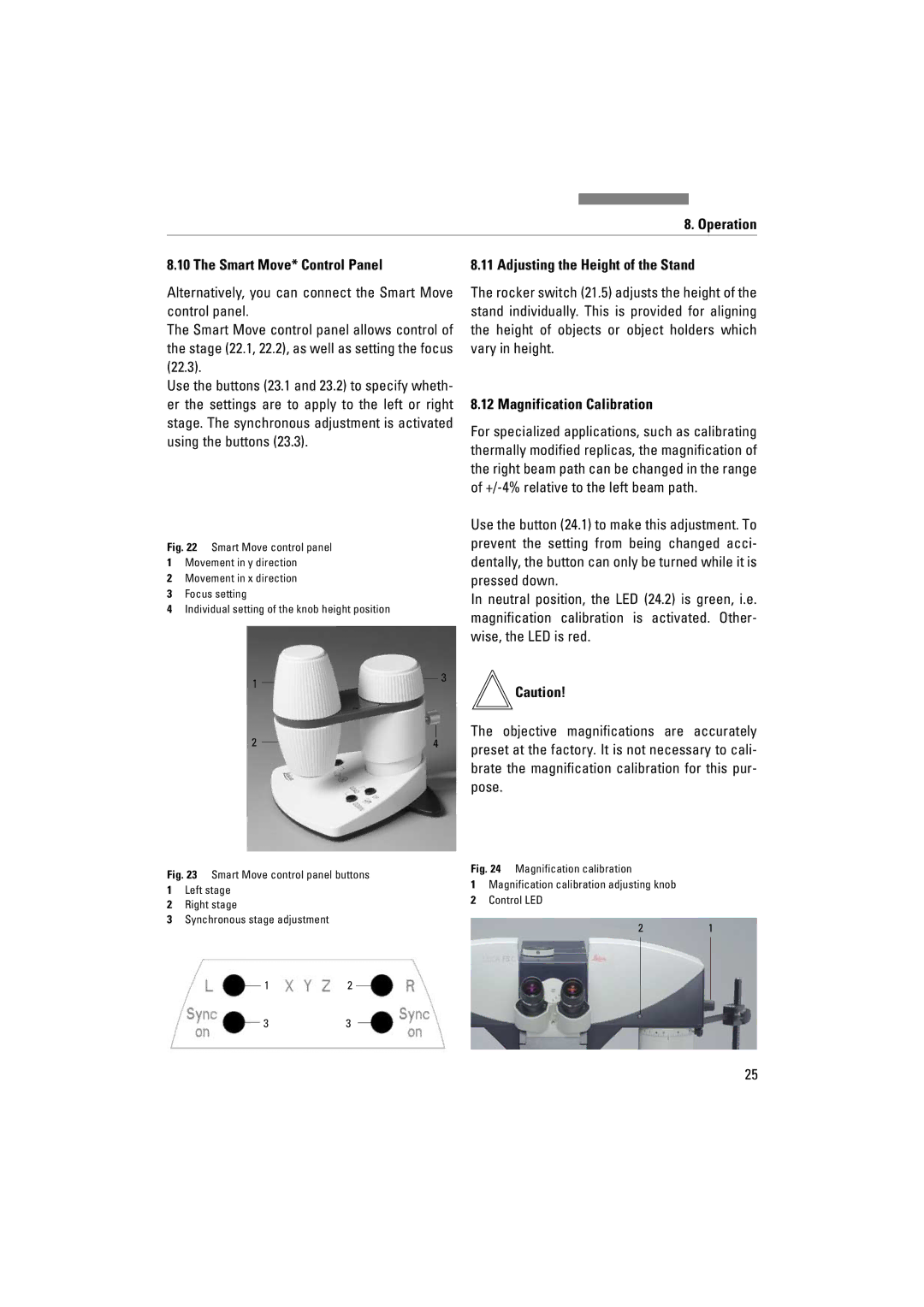 Leica FSC Operation Smart Move* Control Panel, Adjusting the Height of the Stand, Magnification Calibration 