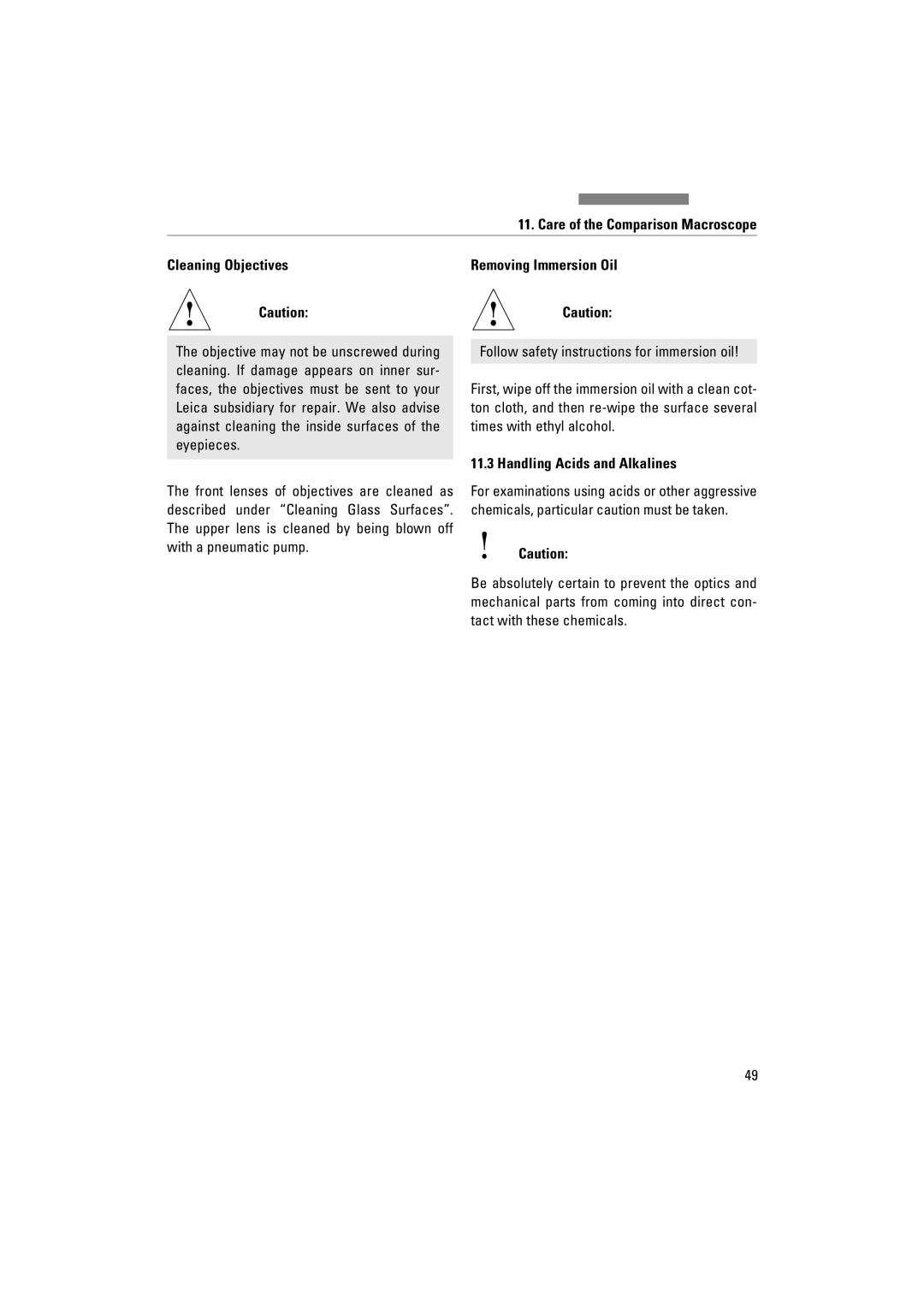 Leica FSC manuel dutilisation Cleaning Objectives, Removing Immersion Oil, Handling Acids and Alkalines 