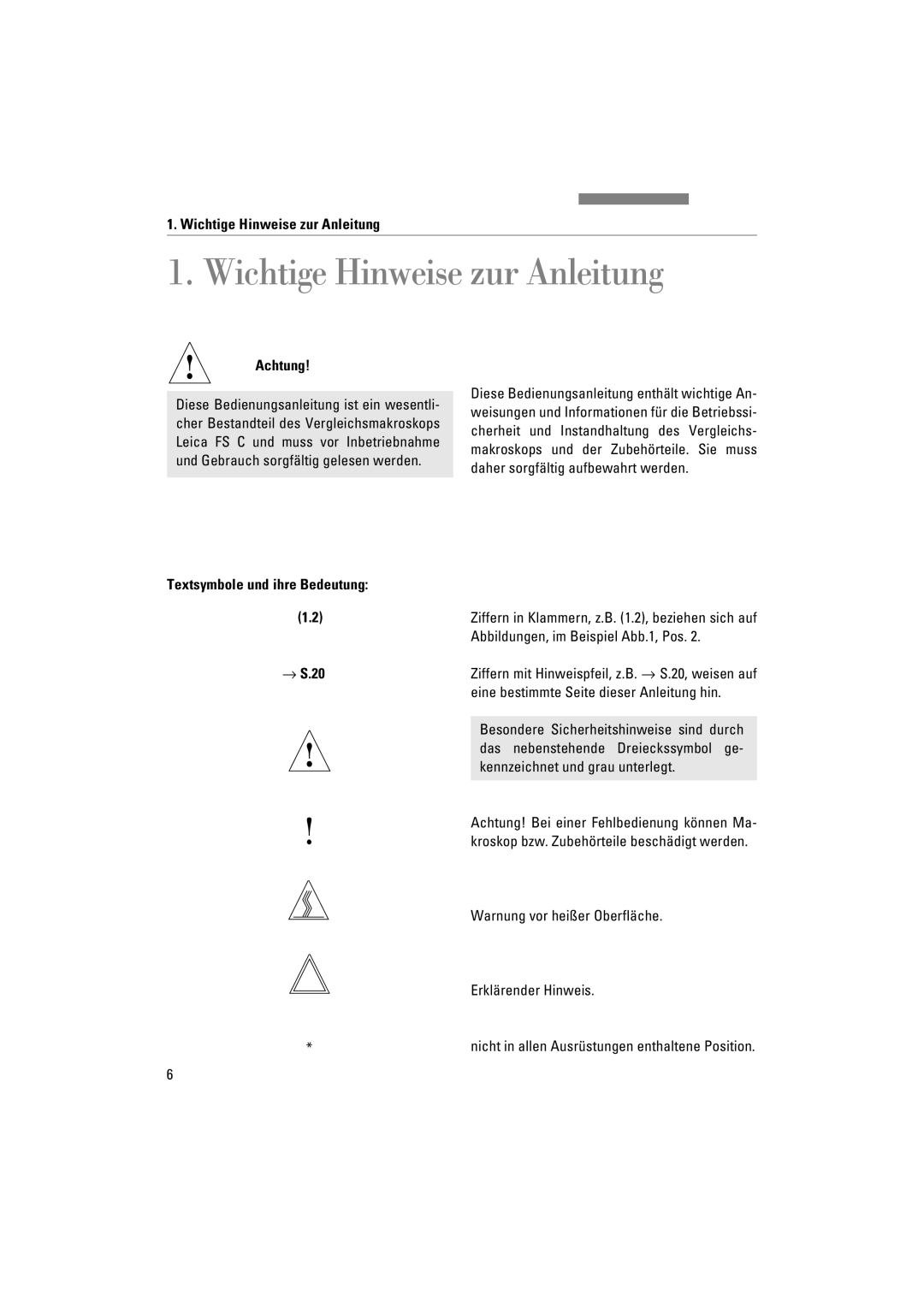 Leica FSC manuel dutilisation Wichtige Hinweise zur Anleitung, Achtung, Textsymbole und ihre Bedeutung → S.20 