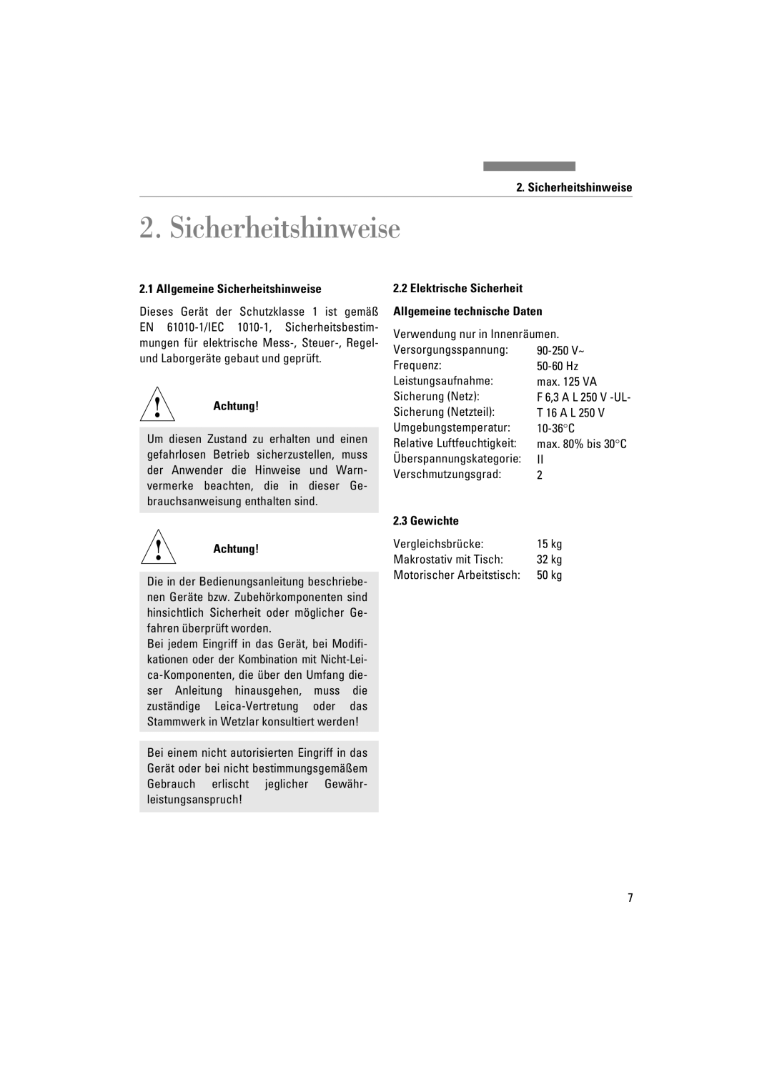 Leica FSC manuel dutilisation Allgemeine Sicherheitshinweise, Gewichte 