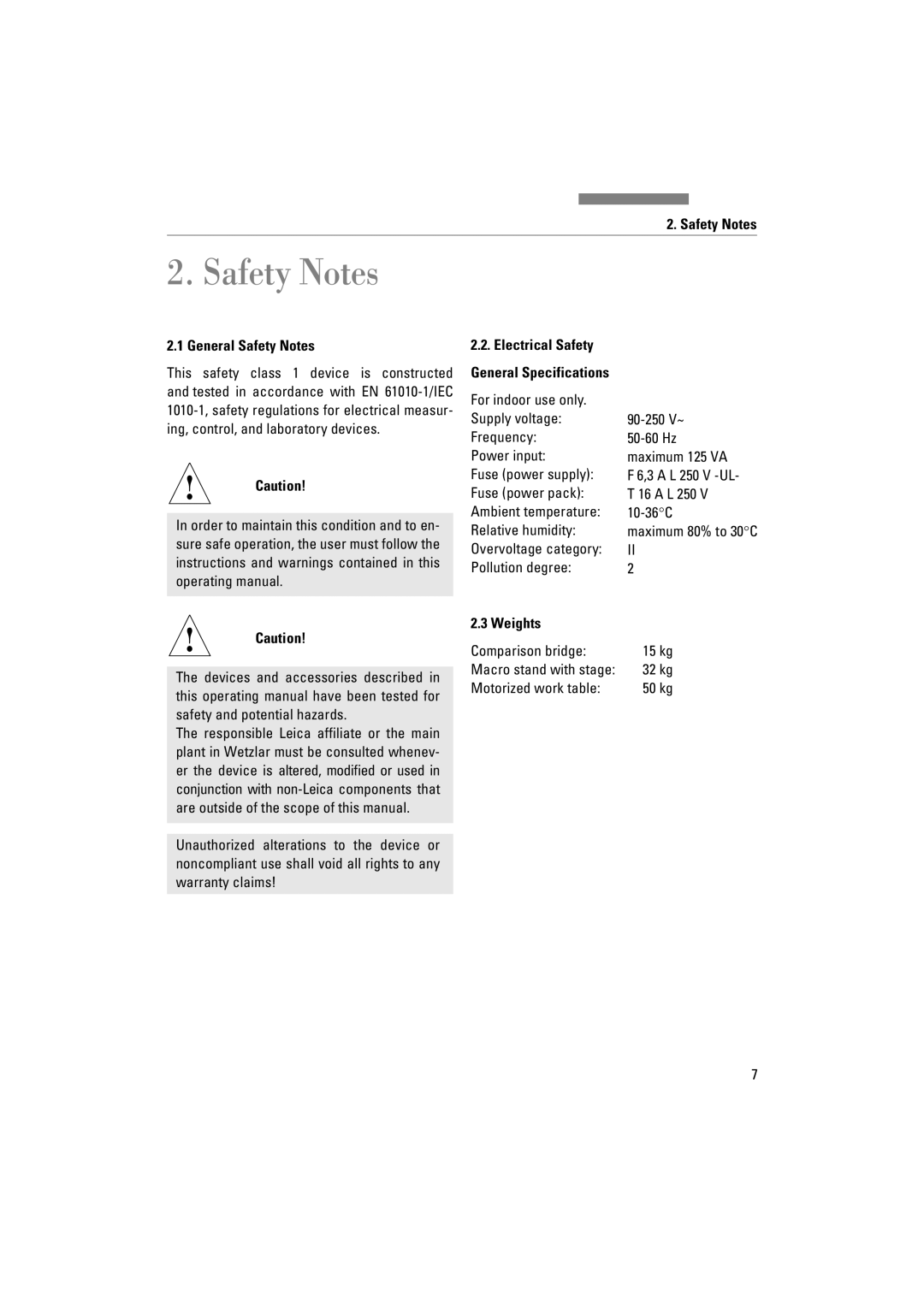 Leica FSC manuel dutilisation General Safety Notes, Weights 