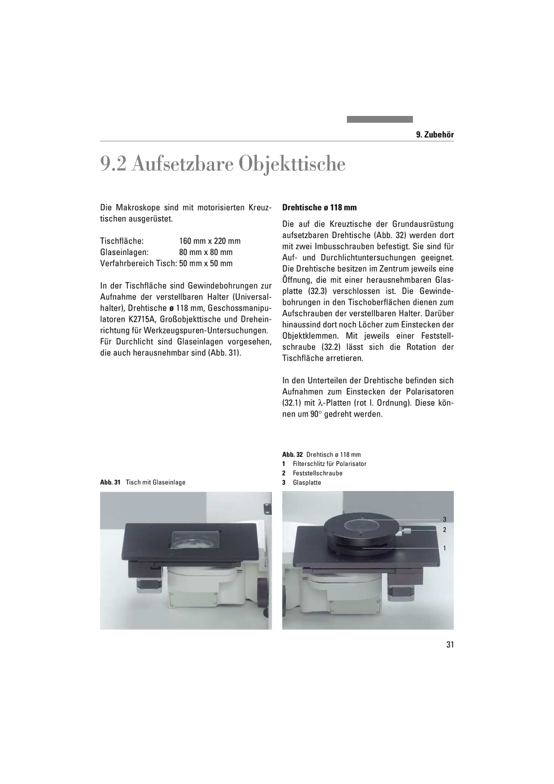 Leica FSC Aufsetzbare Objekttische, Glaseinlagen, Verfahrbereich Tisch 50 mm x 50 mm, Drehtische ø 118 mm 