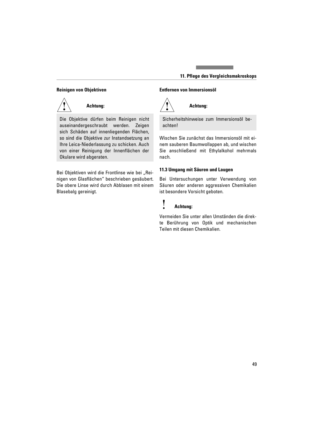 Leica FSC Pflege des Vergleichsmakroskops Reinigen von Objektiven, AchtungAchtung, Umgang mit Säuren und Laugen 