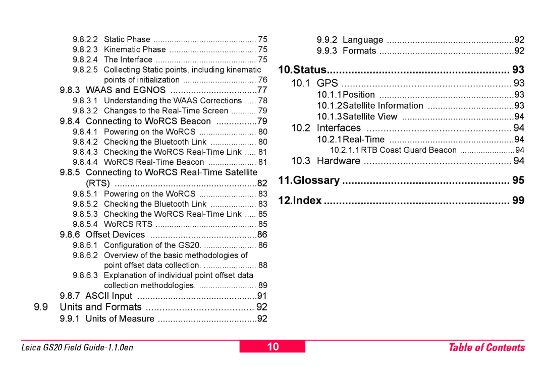Leica GS20 manual Status, Glossary, Index, Table of Contents 
