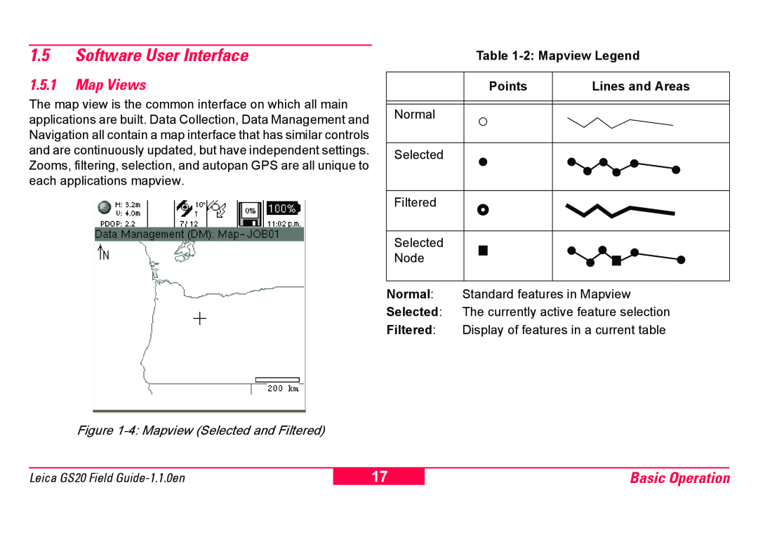 Leica GS20 manual 1.5Software User Interface, 1.5.1Map Views, Basic Operation, 4 Mapview Selected and Filtered 