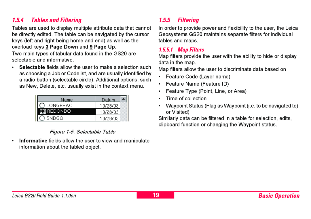 Leica GS20 manual 1.5.4Tables and Filtering, 1.5.5Filtering, Basic Operation, Map Filters, 5 Selectable Table 