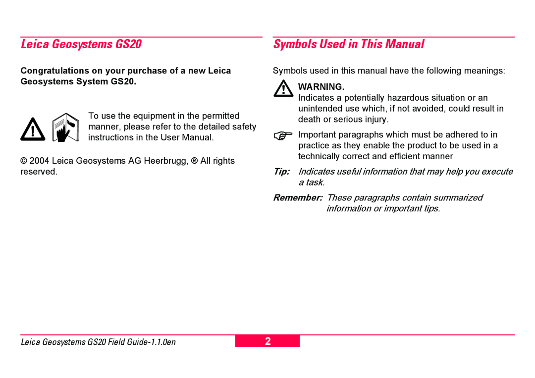 Leica manual Leica Geosystems GS20, Symbols Used in This Manual 