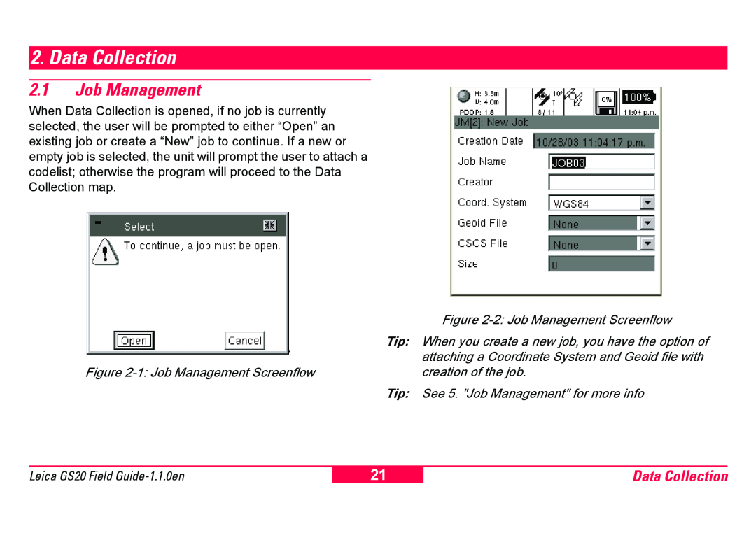 Leica GS20 manual Data Collection, 2.1Job Management, 2 Job Management Screenflow, 1 Job Management Screenflow 