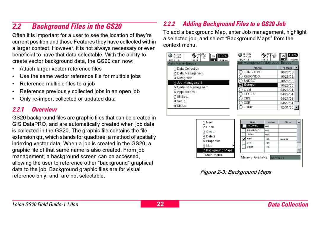 Leica manual 2.2Background Files in the GS20, 2.2.1Overview, 2.2.2Adding Background Files to a GS20 Job, Data Collection 