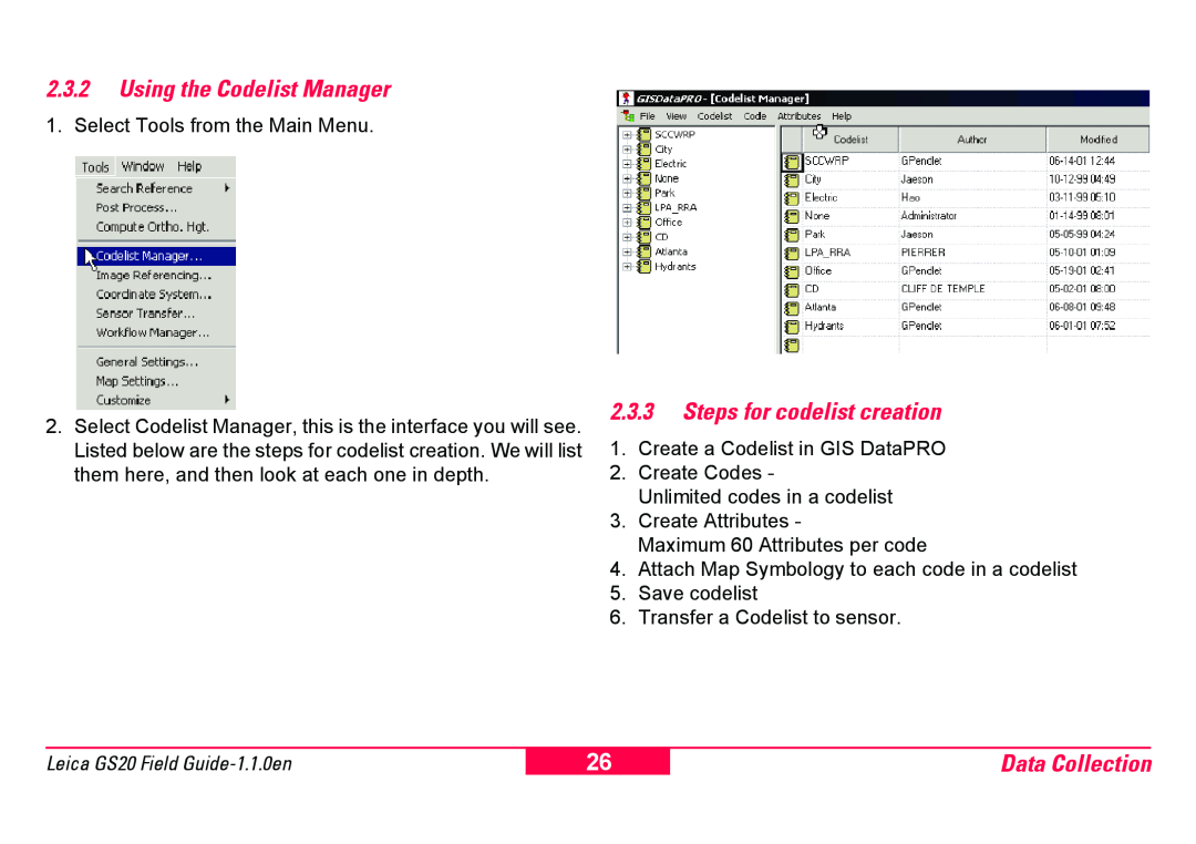 Leica GS20 manual 2.3.2Using the Codelist Manager, 2.3.3Steps for codelist creation, Data Collection 