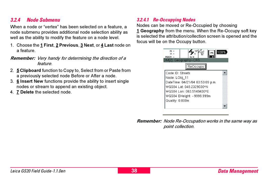 Leica GS20 manual 3.2.4Node Submenu, Data Management, Re-OccupyingNodes 