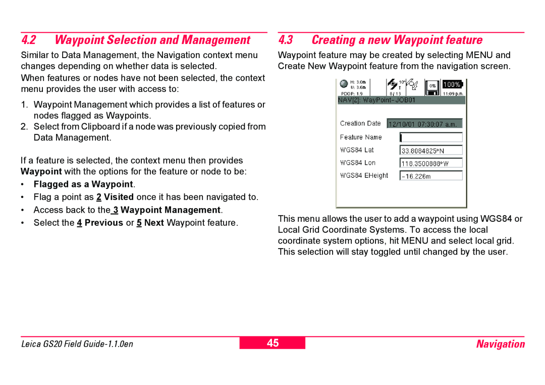 Leica GS20 manual 4.3Creating a new Waypoint feature, 4.2Waypoint Selection and Management, Navigation 