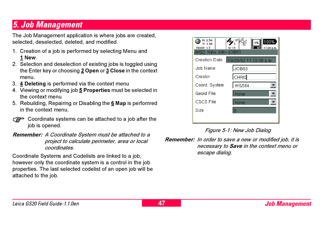 Leica GS20 manual Job Management, 1 New Job Dialog 