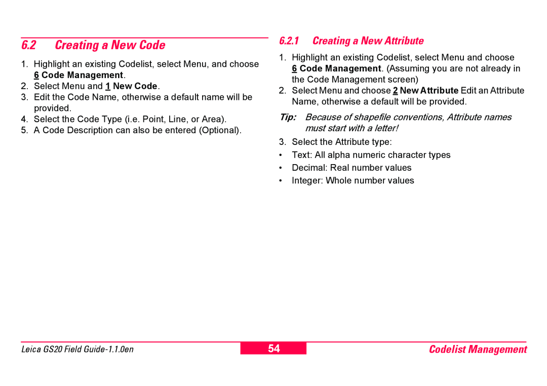Leica GS20 manual 6.2Creating a New Code, 6.2.1Creating a New Attribute, Codelist Management 