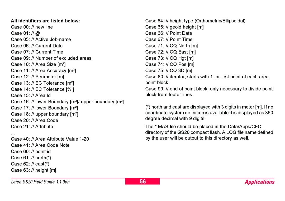 Leica GS20 manual Applications, All identifiers are listed below 