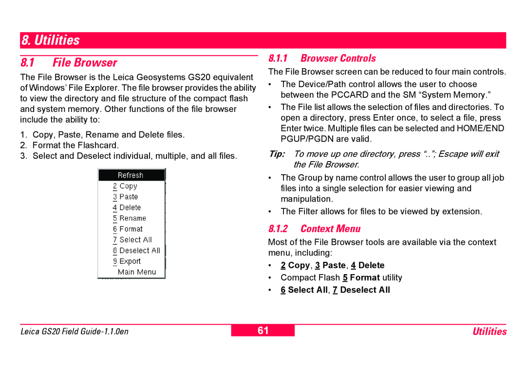 Leica GS20 manual Utilities, 8.1File Browser, 8.1.1Browser Controls, 8.1.2Context Menu 